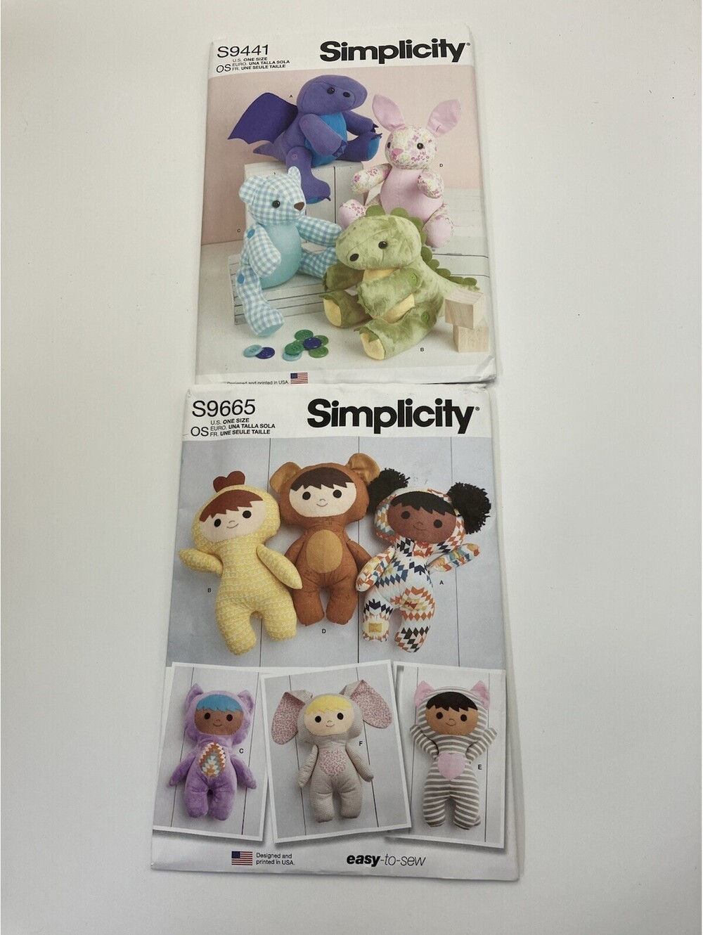 LOT OF 2 SIMPLICITY PLUSH PATTERNS S9441 & S9665 New